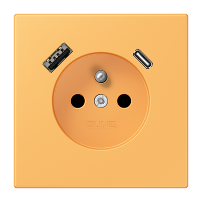 Steckdose, französisch/belgisches System, 16 A 250 V ~, mit USB-Ladegerät, 1 x Typ A + 1 x Typ C, Safety Plus, Serie LS, ocre jaune clair (4320L)