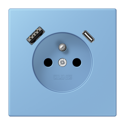 Steckdose, französisch/belgisches System, 16 A 250 V ~, mit USB-Ladegerät, 1 x Typ A + 1 x Typ C, Safety Plus, Serie LS, bleu céruléen 59 (4320N)