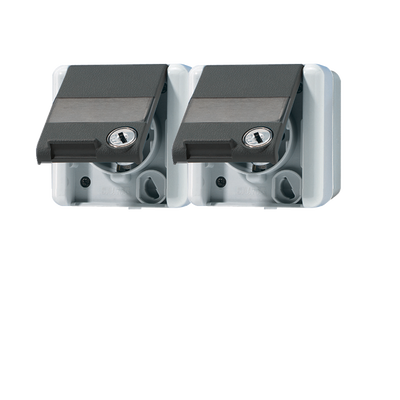 SCHUKO®-Zweifach-Steckdose, verdrahtet, 16 A 250 V ~, mit Schriftfeld, mit Sicherheitsschloss, waagerecht, IP 44, WG 800