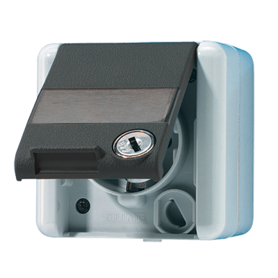 SCHUKO®-Steckdose, mit Schriftfeld, Klappdeckel, mit Sicherheitsschloss, IP 44, WG 800