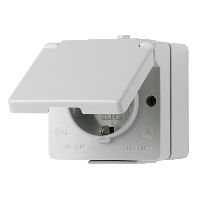 SCHUKO®-Steckdose, 16 A 250 V ~, mit Hohlboden zur Durchverdrahtung, senkrecht, IP 44, WG 600