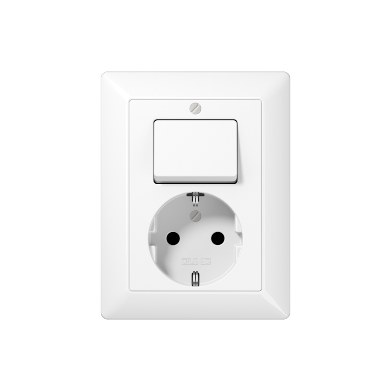 SCHUKO®-Steckdose 16 A 250 V ~ mit Schalter Universal Aus-Wechsel 10 AX 250 V ~, Schraubklemmen, Duroplast, Serie AS, alpinweiß