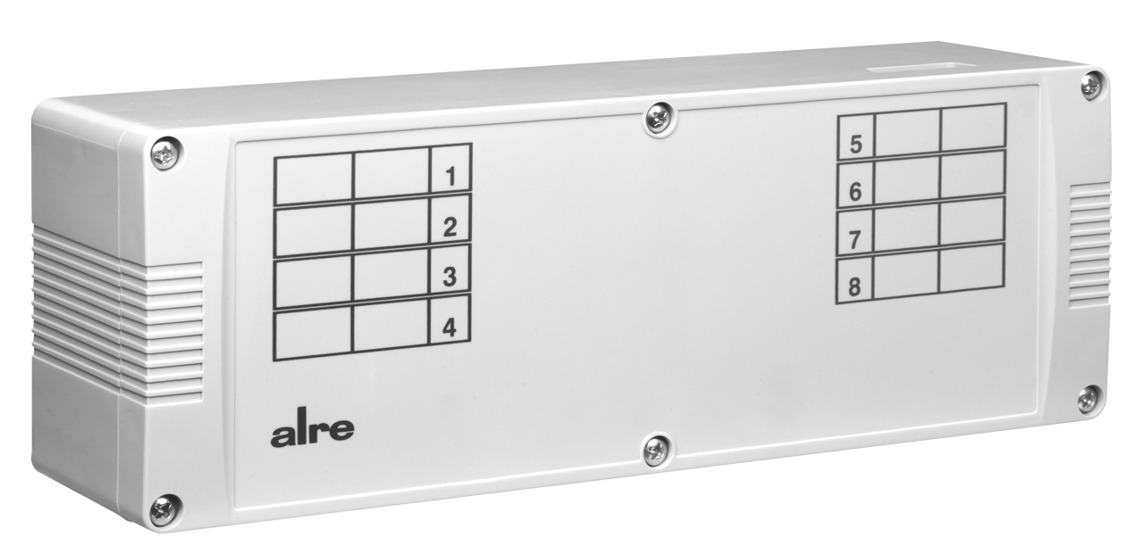 Klemmenleiste, H-/K-Umschaltung über externen Kontakt, max. 8 Raumthermostate und 32 Stellantriebe, IP20