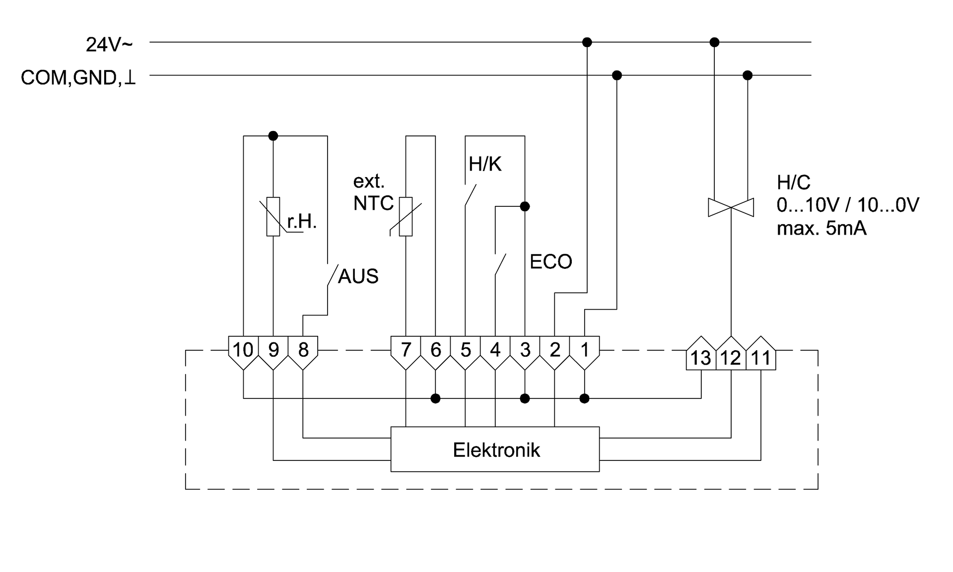 Raumtemperaturregler, Heizen/Kühlen, Aufputz, 24VAC/VDC, Ausgang 0…10V/10…0V, 2-/4-Rohr – Bild 4 von 4