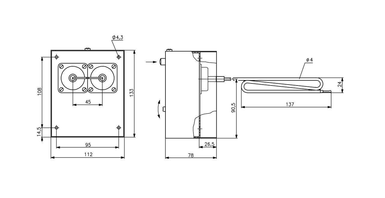 Lufterhitzer-Thermostat, 70…95°C (Brenner), 20…70°C (Ventilator), 100°C (STB), Kapillarlänge 1250mm – Bild 2 von 3