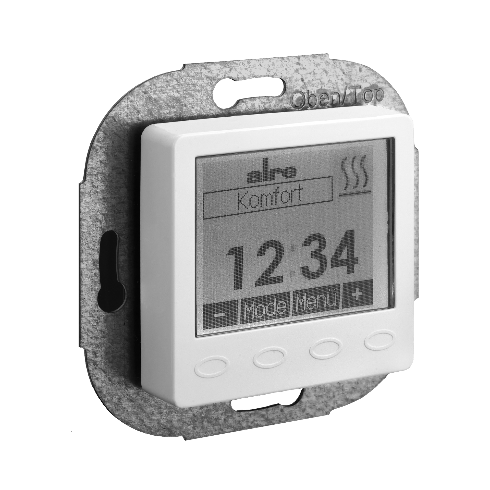 Raum-/Fußbodentemperaturregler mit Uhr, UP, Abdeckung 50x50mm, reinweiß, glänzend
