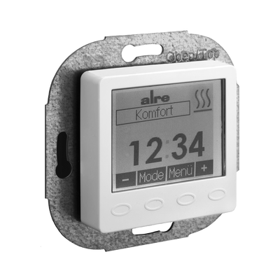 Raum-/Fußbodentemperaturregler mit Uhr, UP, Abdeckung 50x50mm, reinweiß, glänzend