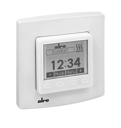 Raum-/Fußbodentemperaturregler mit Uhr, UP, alre-Rahmen, Abdeckung 50x50mm, reinweiß, glänzend, Fernfühler NTC2K für Fußboden