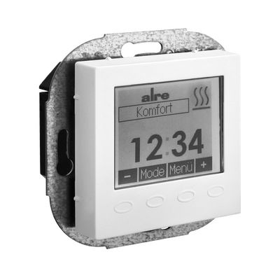 Raum-/Fußbodentemperaturregler mit Uhr, UP, Abdeckung 55x55mm, reinweiß, glänzend