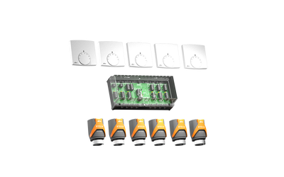 Set für den vollautomatischen hydraulischen Abgleich bestehend aus 5 Aufputz-Raumthermostaten, 1 Klemmenleiste und 6 Stellantrieben.