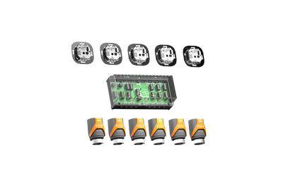 Set für den vollautomatischen hydraulischen Abgleich bestehend aus 5 Unterputz-Raumthermostaten, 1 Klemmenleiste und 6 Stellantrieben.