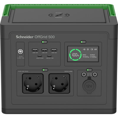 Schneider tragbare OffGrid Powerstation 500, 230V, 517Wh Lithium-Ionen, LCD, 2 Schuko Ausgänge, Sinuswelle, 3 USB-A, 2 USB-C, kabelloses Ladegerät