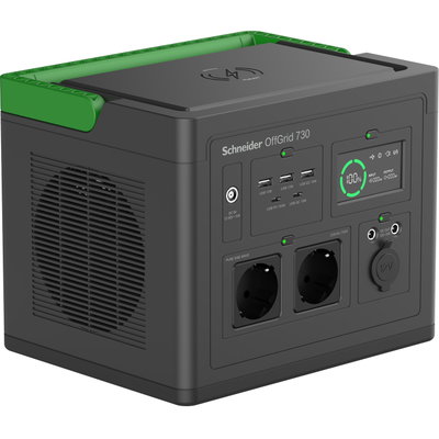 Schneider tragbare OffGrid Powerstation 730, 700W, 738Wh Lithium-Ionen, LCD, 2 Schuko Ausgänge, Sinuswelle, 3 USB-A, 2 USB-C, kabelloses Ladegerät
