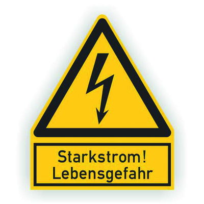 Warnschild Starkstrom Lebensgefahr, selbstklebenden Folienzeichen zur Kennzeichnung