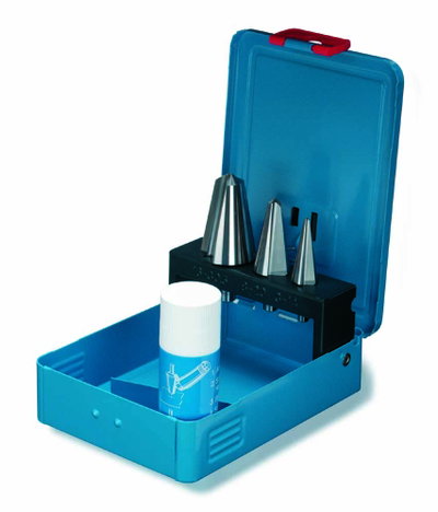 Blechschälbohrer-Sortiment in Stahlblechkassette, mit Bohrpaste