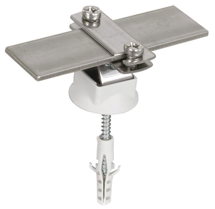 Leitungshalter NIRO f. Fl 30mm/Rd 6-10mm m. Holzschraube u. K-Duebel D 8mm