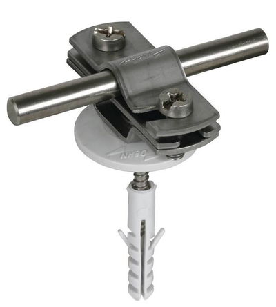 Leitungshalter m. Ueberleger NIRO f. Rd 7-10/Fl 30mm m. Holzschr. u. Duebel