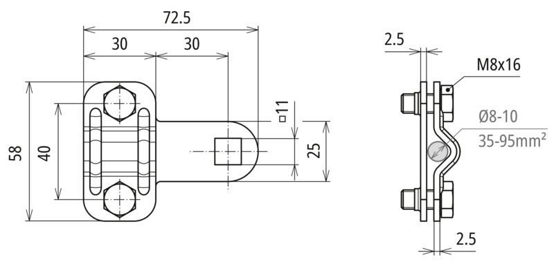 Klemmstueck NIRO mit Vierkantloch 11x11mm fuer Fl 30mm und Rd 8-10mm – Bild 2 von 2