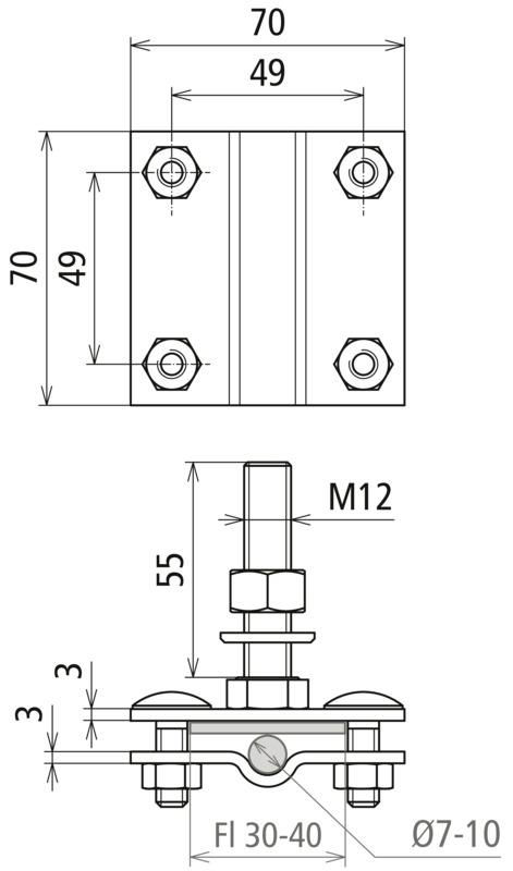 Anschlussklemme f. Erdungsfestpunkt M12 f. Rd 7-10/Fl30-40mm  NIRO (V4A) – Bild 2 von 2