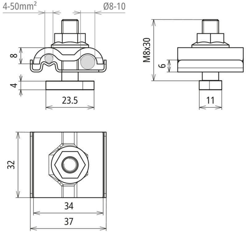UNI-Erdungsklemme NIRO f. Rd 8-10mm u. Leiter 4-50mm*2 m. Schraube M8 u. Mutter – Bild 2 von 2