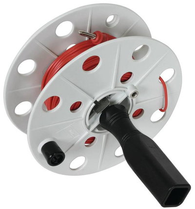 Drahthaspel K-grau B 40mm m. Buchse u. 25m Litze 0,75mm*2 rot m. Bananenstecker