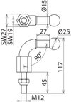 Kugelfestpunkt D 25mm  90o abgewinkelt m. Gewindebolzen u. Mutter M12x45mm
