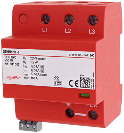 Anwendungsopt. Kombi-Ableiter DEHNshield Typ 1+2 für dreiphasige TN-C-Systeme