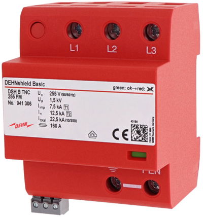 Anwendungsopt. Kombi-Ableiter DEHNshield B Typ 1+2 für dreiphasige TN-C-Systeme