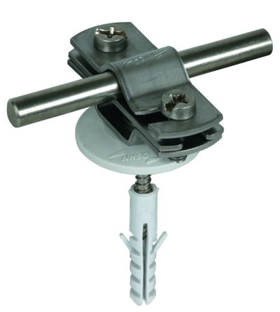 Leitungshalter m. Überleger NIRO f. Rd 7-10/Fl 30mm m. Holzschr. u. Dübel