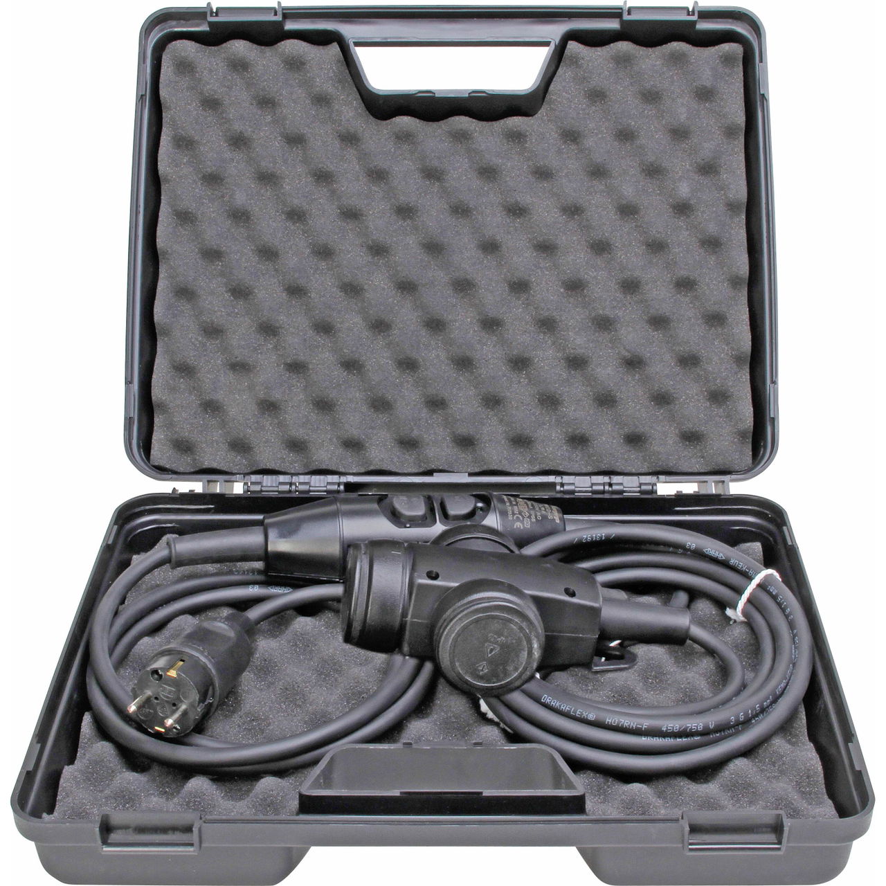 PRCD-S, ortsveränderliche Schutzeinrichtung, 3-polig, 0,03A, mit Verlängerung und Tragekoffer, Stecker und 3-fach-Kupplung (Vollgummi)