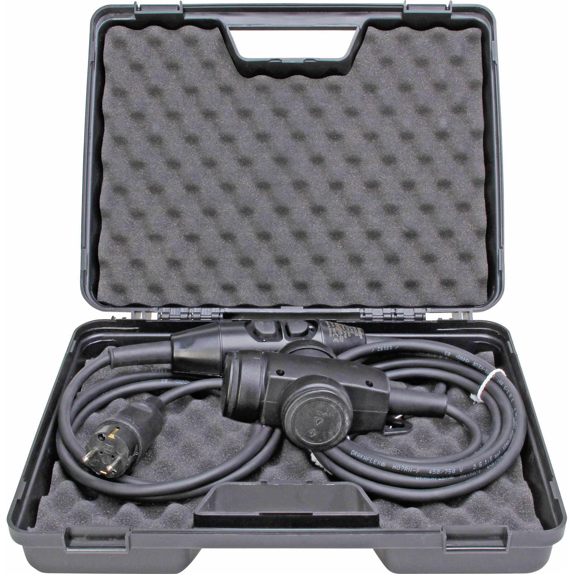 PRCD-S, ortsveränderliche Schutzeinrichtung, 3-polig, 0,03A, mit Verlängerung und Tragekoffer, Stecker und 3-fach-Kupplung (Vollgummi)
