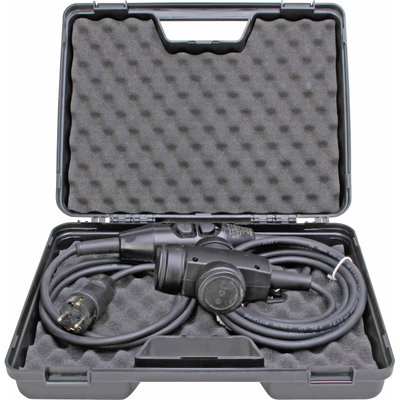 PRCD-S, ortsveränderliche Schutzeinrichtung, 3-polig, 0,03A, mit Verlängerung und Tragekoffer, Stecker und 3-fach-Kupplung (Vollgummi)