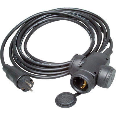 Gummi-Verlängerung, Schutzkontakt-Gummi-Stecker und 3-fach Gummi-Kupplung mit 5m Gummi-Leitung, Farbe: schwarz