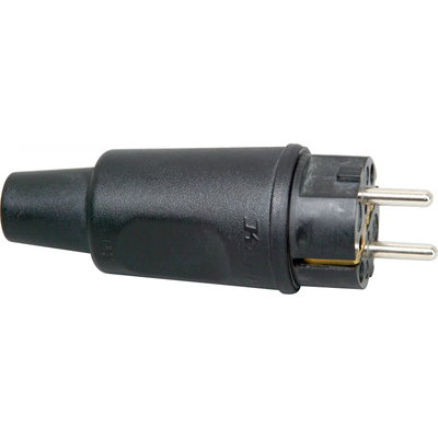 Schutzkontakt-Vollgummistecker, schwere Ausführung, bruchfest, schlagfest, mit 2 Stecksystemen, für Kabelquerschnitt bis 3x2,5mm², Farbe: schwarz