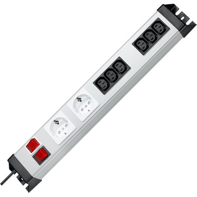 POWERversal 2 Schutzkontakt, 2x3-fach Kaltgerätesteckdosen IEC320-C13, 19", beleuchtete Schalter, Zuleitung 1,4m, Farbe: silber-schwarz