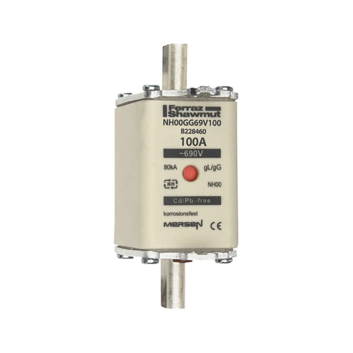 Sicherungseinsatz DIN NH Standard gG Größe NH00 690VAC 250VDC 100A spannungsführende Grifflaschen (sfü) Doppelkennmelder Körperbreite 30 mm