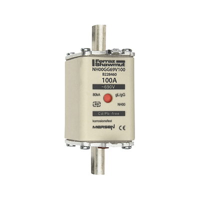 Sicherungseinsatz DIN NH Standard gG Größe NH00 690VAC 250VDC 100A spannungsführende Grifflaschen (sfü) Doppelkennmelder Körperbreite 30 mm