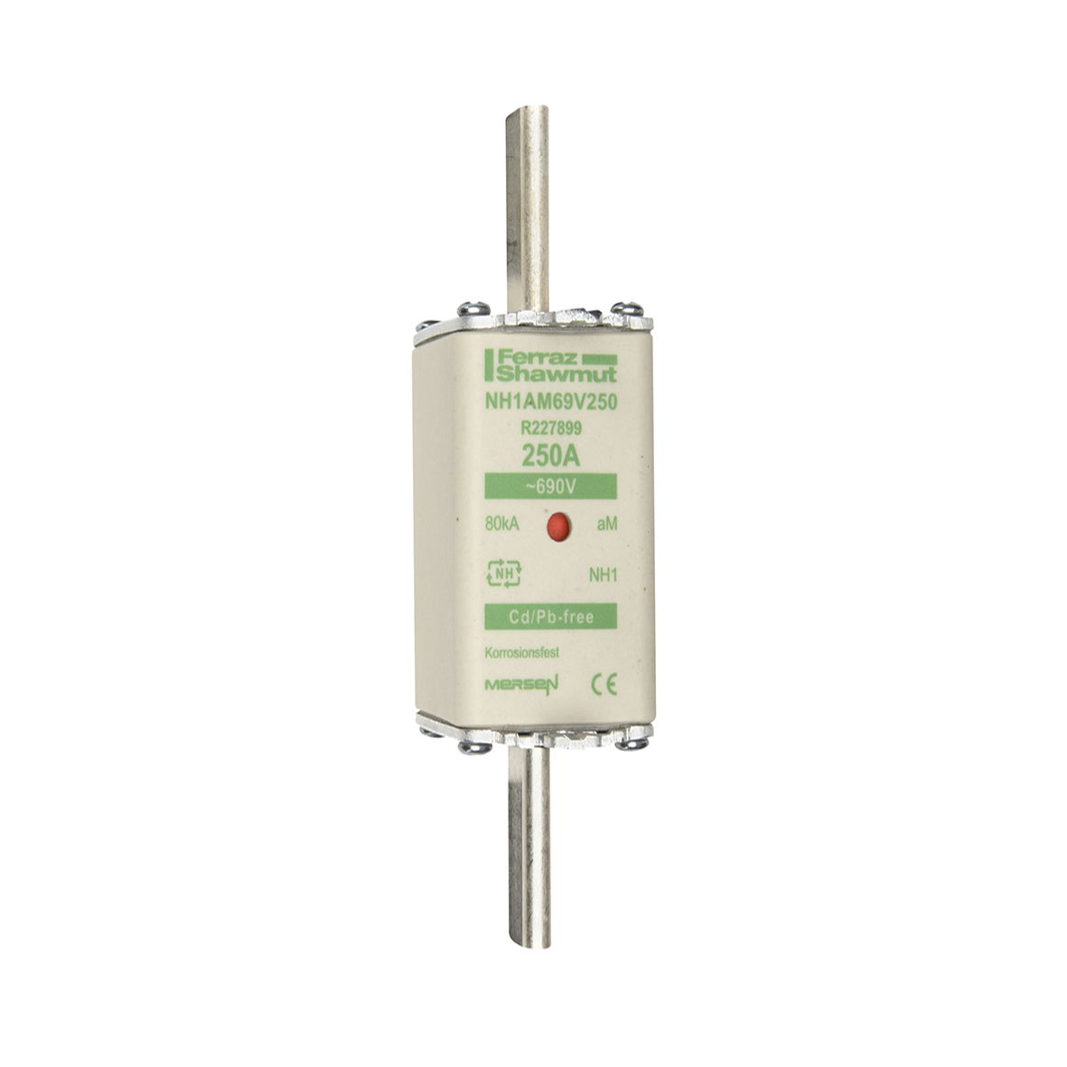 Sicherungseinsatz DIN NH Standard aM Größe NH1 690VAC 250A spannungsführende Grifflaschen (sfü) Doppelkennmelder Körperbreite 40 mm