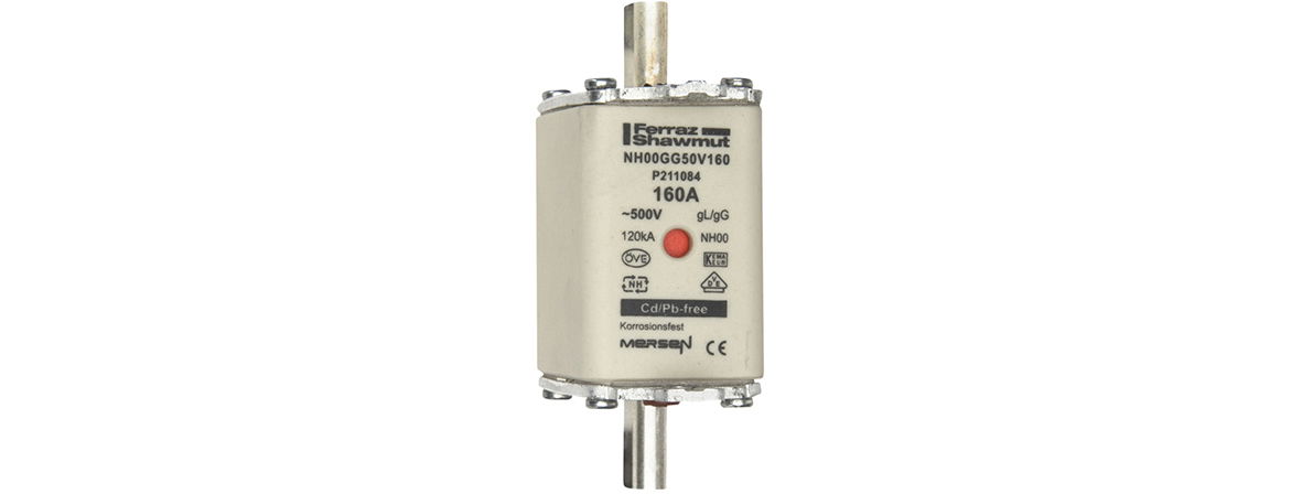 Sicherungseinsatz DIN NH Standard gG Größe NH00 500VAC 250VDC 160A spannungsführende Grifflaschen (sfü) Doppelkennmelder Körperbreite 30 mm