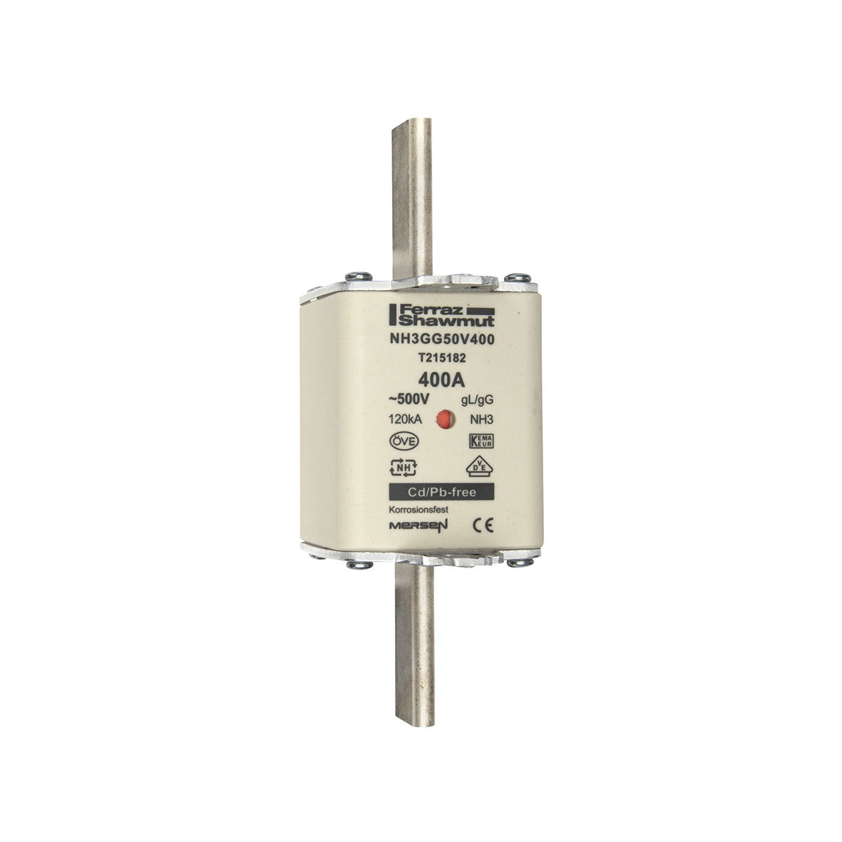 Sicherungseinsatz DIN NH Standard gG Größe NH3 500VAC 250VDC 400A spannungsführende Grifflaschen (sfü) Doppelkennmelder Körperbreite 52 mm