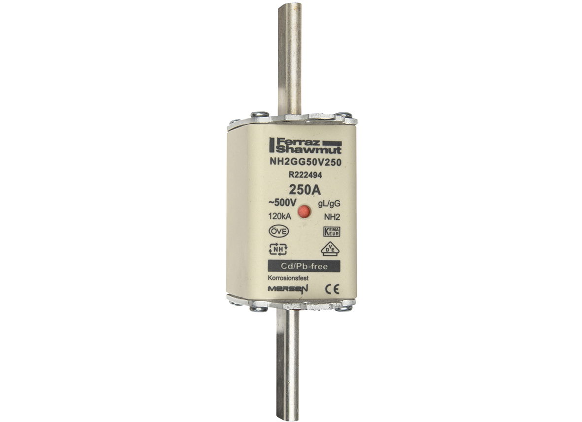 Sicherungseinsatz DIN NH Standard gG Größe NH2 500VAC 250VDC 250A spannungsführende Grifflaschen (sfü) Doppelkennmelder Körperbreite 40 mm