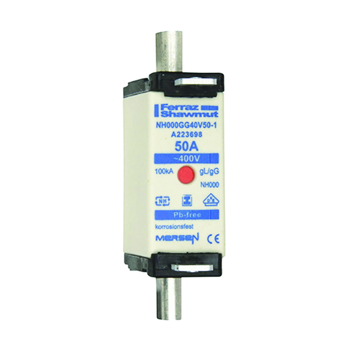 Sicherungseinsatz DIN NH Standard gG Größe NH000 400VAC 50A spannungsfreie Grifflaschen (SGL) Doppelkennmelder Körperbreite 21mm