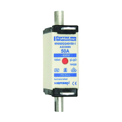 Sicherungseinsatz DIN NH Standard gG Größe NH000 400VAC 50A spannungsfreie Grifflaschen (SGL) Doppelkennmelder Körperbreite 21mm