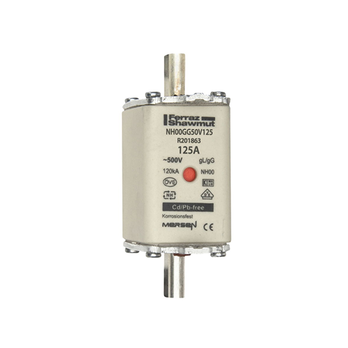Sicherungseinsatz DIN NH Standard gG Größe NH00 500VAC 250VDC 125A spannungsführende Grifflaschen (sfü) Doppelkennmelder Körperbreite 30 mm