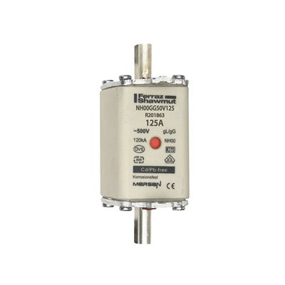 Sicherungseinsatz DIN NH Standard gG Größe NH00 500VAC 250VDC 125A spannungsführende Grifflaschen (sfü) Doppelkennmelder Körperbreite 30 mm