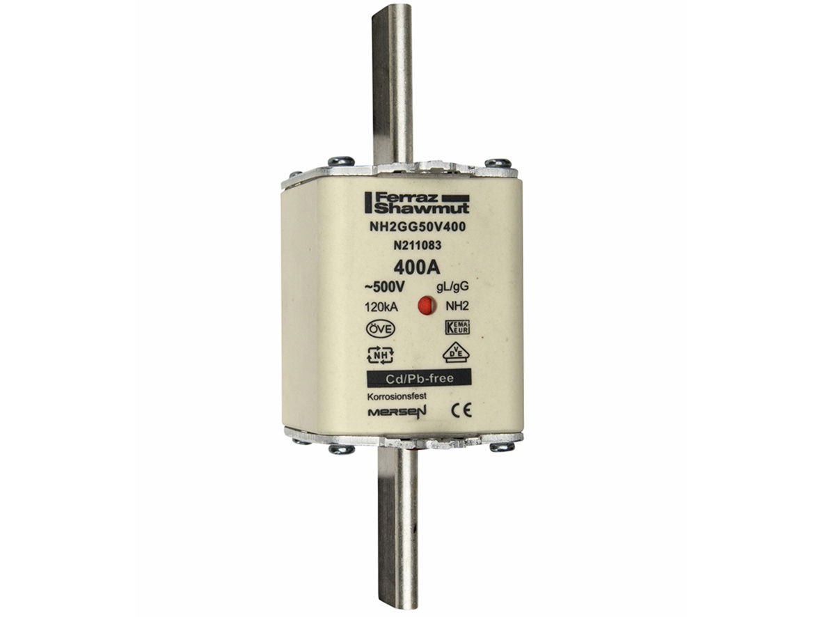 Sicherungseinsatz DIN NH Standard gG Größe NH2 500VAC 250VDC 400A spannungsführende Grifflaschen (sfü) Doppelkennmelder Körperbreite 52 mm