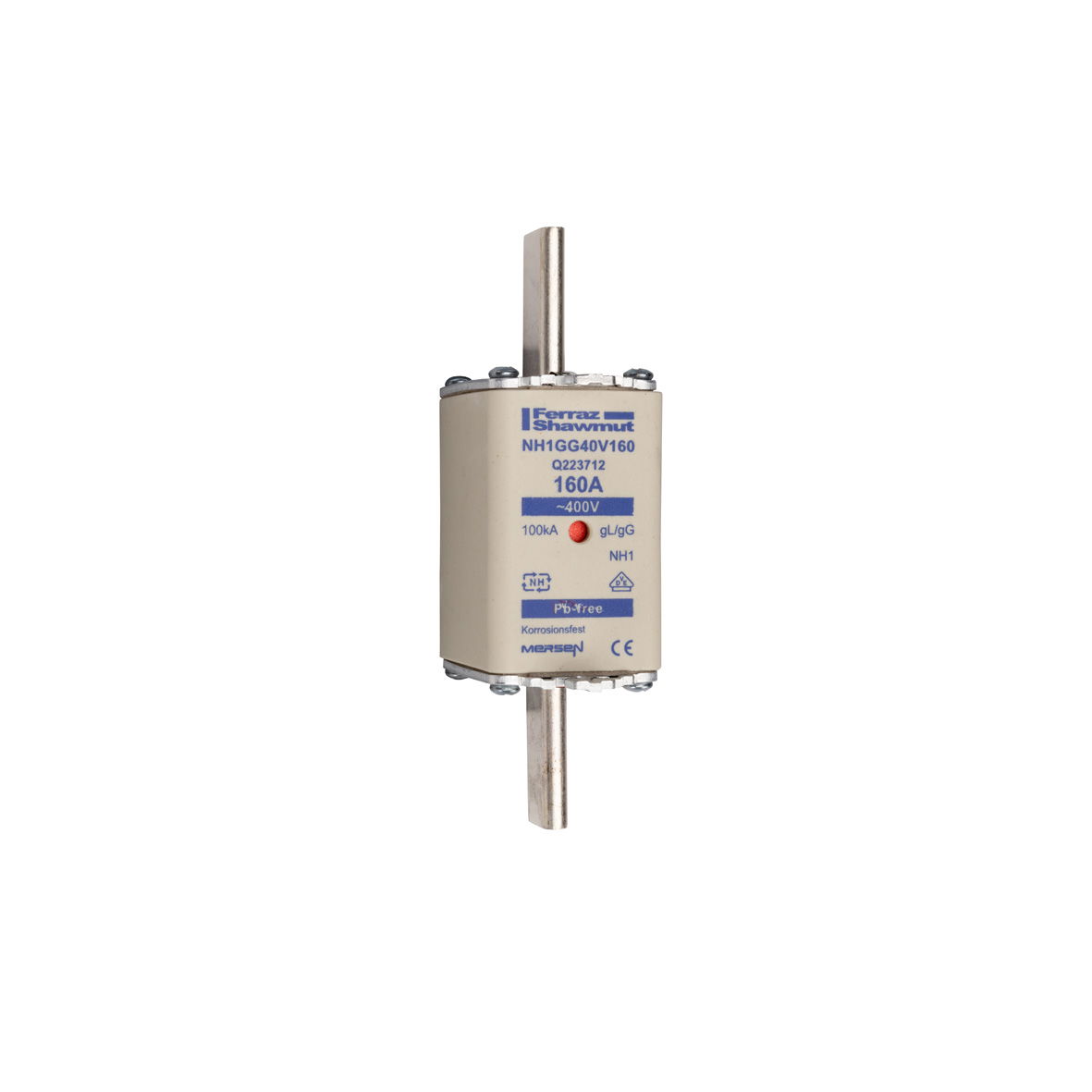 Sicherungseinsatz DIN NH Standard gG Größe NH1 400VAC 160A spannungsführende Grifflaschen (sfü) Doppelkennmelder Körperbreite 40 mm