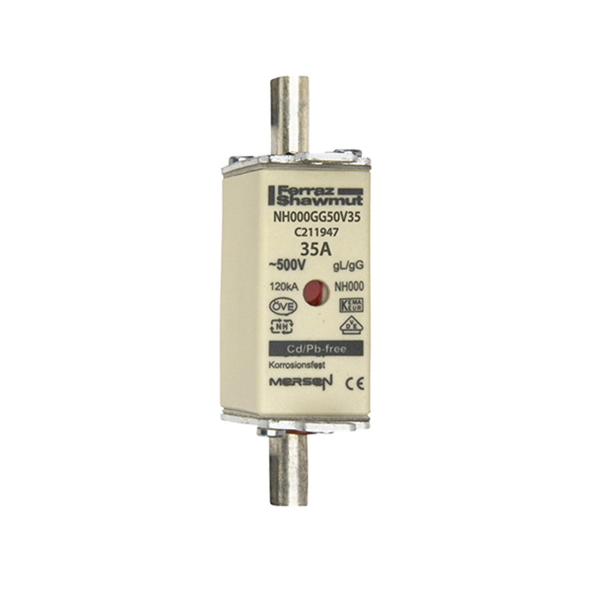Sicherungseinsatz DIN NH Standard gG Größe NH000 500VAC 250VDC 35A spannungsführende Grifflaschen (sfü) Doppelkennmelder Körperbreite 21mm