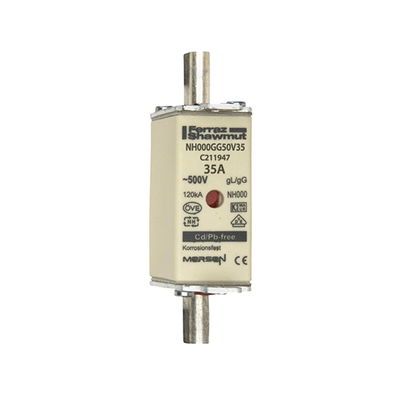 Sicherungseinsatz DIN NH Standard gG Größe NH000 500VAC 250VDC 35A spannungsführende Grifflaschen (sfü) Doppelkennmelder Körperbreite 21mm