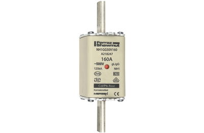 Sicherungseinsatz DIN NH Standard gG Größe NH1 500VAC 250VDC 160A spannungsführende Grifflaschen (sfü) Doppelkennmelder Körperbreite 40 mm